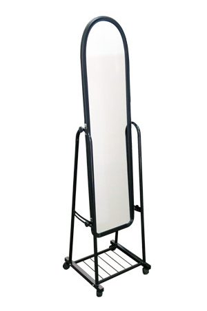 a large black standing mirror on a stand