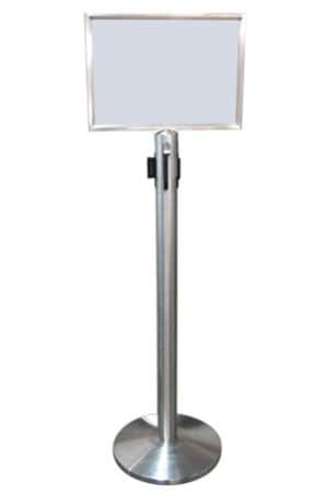 a silver queue pole signage landscape a3 with a blank board on top