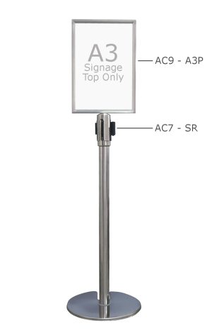 queue pole signage portrait a3 on silver queue pole with red strap
