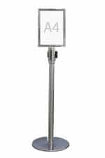 a silver queue pole signage portrait a4 stand with an a4 sign on it