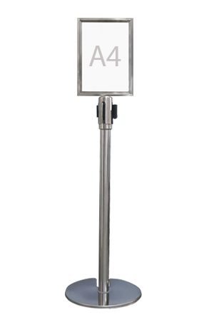 a silver queue pole signage portrait a4 stand with an a4 sign on it