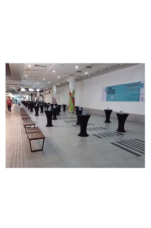 a large hall with bombo table with black spandex in it