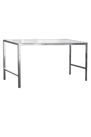 a barcelona long bar table with a glass top on a white background