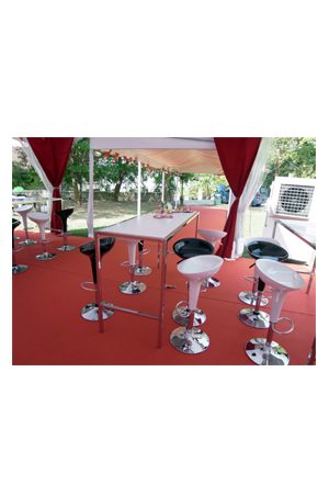a barcelona long bar table with chairs and stools on a red carpet