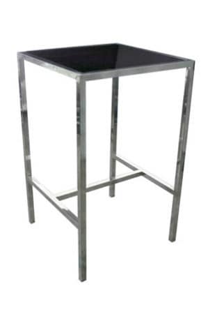 a barcelona square bar table with a black glass top