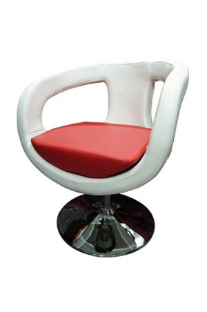 a white and red scoop swivel chair with a chrome base