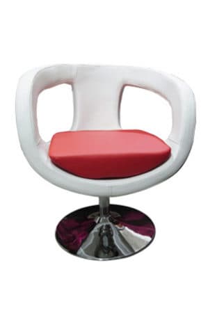 a white and red scoop swivel chair with a chrome base