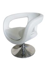 a white leather scoop swivel chair on a chrome base