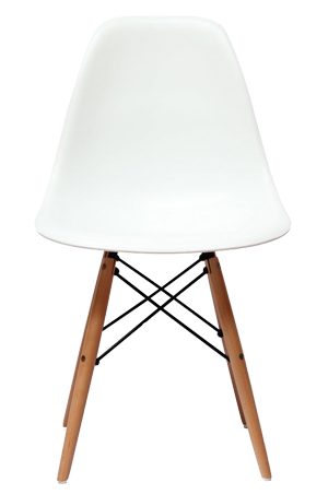 a white replica eames effiel chair with wooden legs