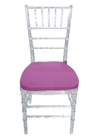 a clear tiffany chair with a purple cushion
