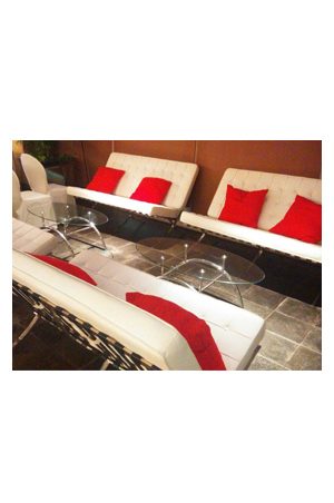 a white sofa set with red pillows and a tempera arch coffee table