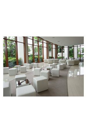 a large lobby with white matty mirrored cube furniture and large windows
