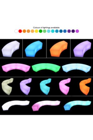 a set of different colored illuminated curve benches