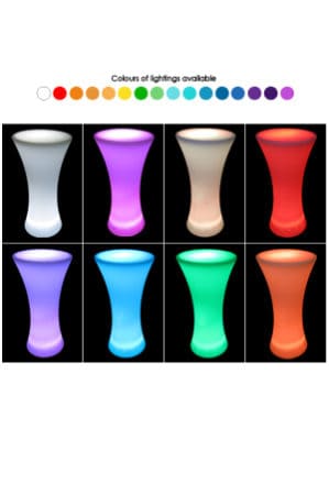 a set of different colored illuminated hourglass bistro table vases
