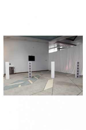 a room with several illuminated pillar 170 speakers and a tv