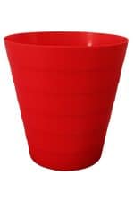 A red plastic Wastepaper Basket on a white background.