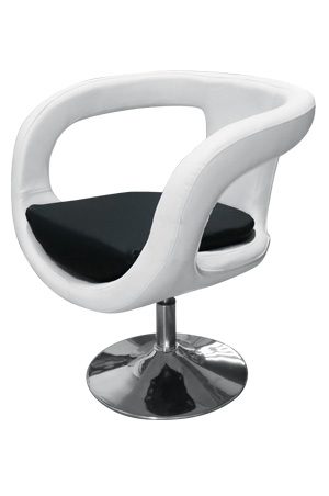 a white scoop swivel chair with black cushion