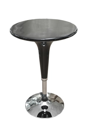 a bombo table with red spandex and a chrome base on a white background