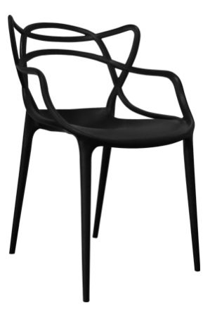 a black plastic replica masters chair with arms and legs