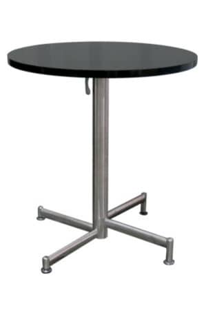 a replica selt round table with metal legs and a black top