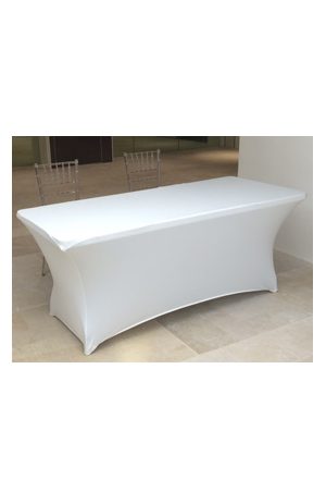 a 6ft long spandex table with a white cloth covering it