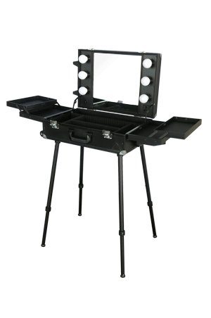 a black dressing table with a mirror on top