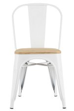 A white metal Replica Tolix Chair with a wooden seat.