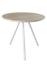 a mizu coffee table with white legs and a wooden top