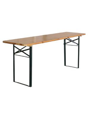 a classic picnic table with a wooden top and black legs
