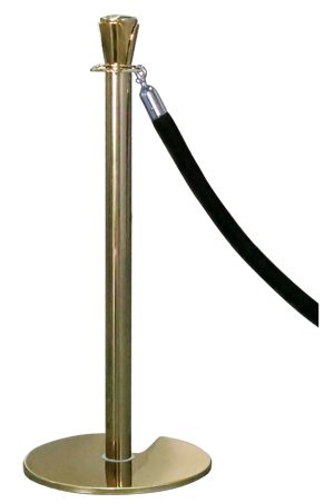 a classic gold pole with black rope stand with a black cord attached to it