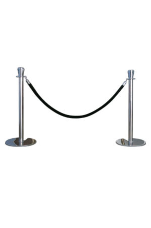 a pair of classic silver poles with black ropes on a white background