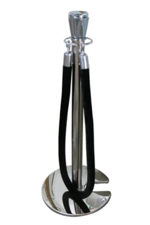 a classic silver pole with black rope stand with a black hose on it