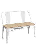 a white replica tolix bench with a wooden seat