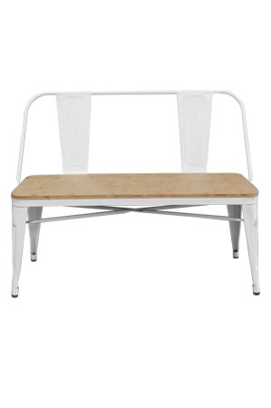 a white replica tolix bench with a wooden seat