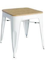 A white metal Replica Tolix Table with a wooden top.