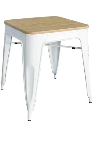 a white metal replica tolix table with a wooden top