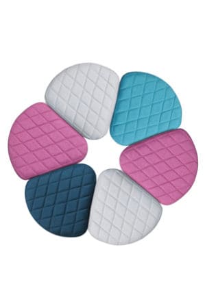 a set of pink blue and white mint pouf™ cushioned pads on a white background