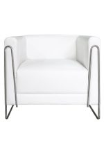 A white leather Paperclip Sofa - Single Seater with a metal frame.