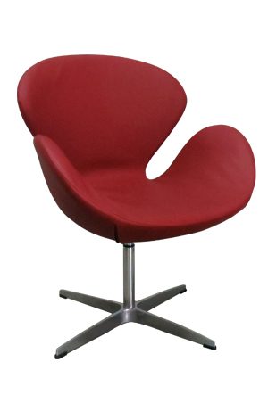 a red replica swan chair single seater on a metal base