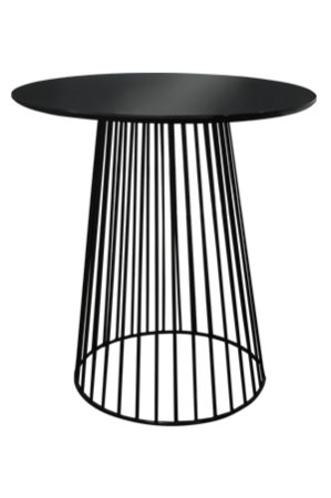 a black metal replica birdcage table with a circular base