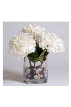 hydrangea with pebbles in glass