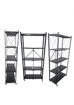 a black metal carbon shelves unit with shelves on wheels