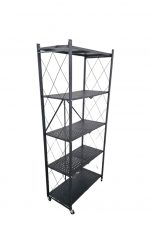A black metal shelving unit with Carbon Shelves on wheels.