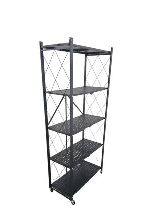 a black metal shelving unit with carbon shelves on wheels