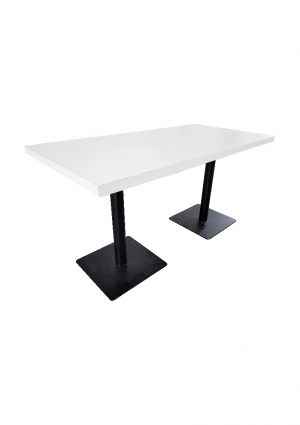 a grande long table with black legs on a white background
