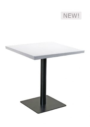 a grande square table with a black base on a white background