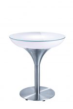 An Illuminated Peak Table with a metal base and a glass top.