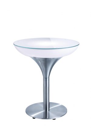 an illuminated peak table with a metal base and a glass top